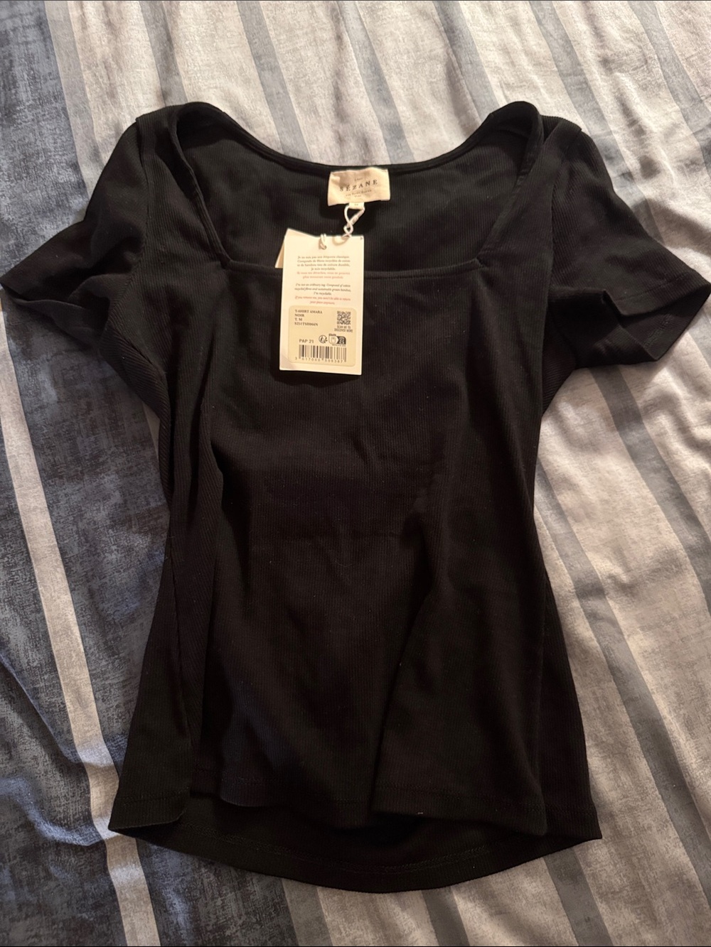 Sezane Black Square-Neck Ribbed Short Sleeve Top